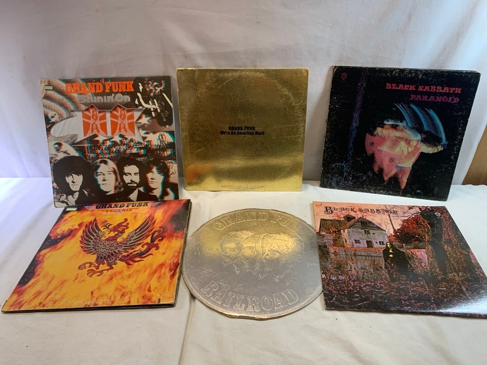 6 Record Albums: 6 Record Albums including Black Sabbath Paranoid & Black Sabbath/ Grand Funk Shinin’ On, We’re An American Band, Phoenix, & Railroad