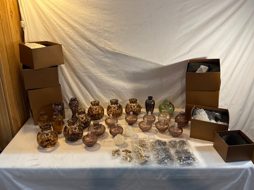 Jay Strongwater Hand Blown Glass Vases and Bottles: Jay Strongwater Hand Blown Glass Vases and Bottles Featuring Ornate, Jeweled Metalwork - 25 Bottles ; 9 Boxes ; 36 Jeweled Metalwork