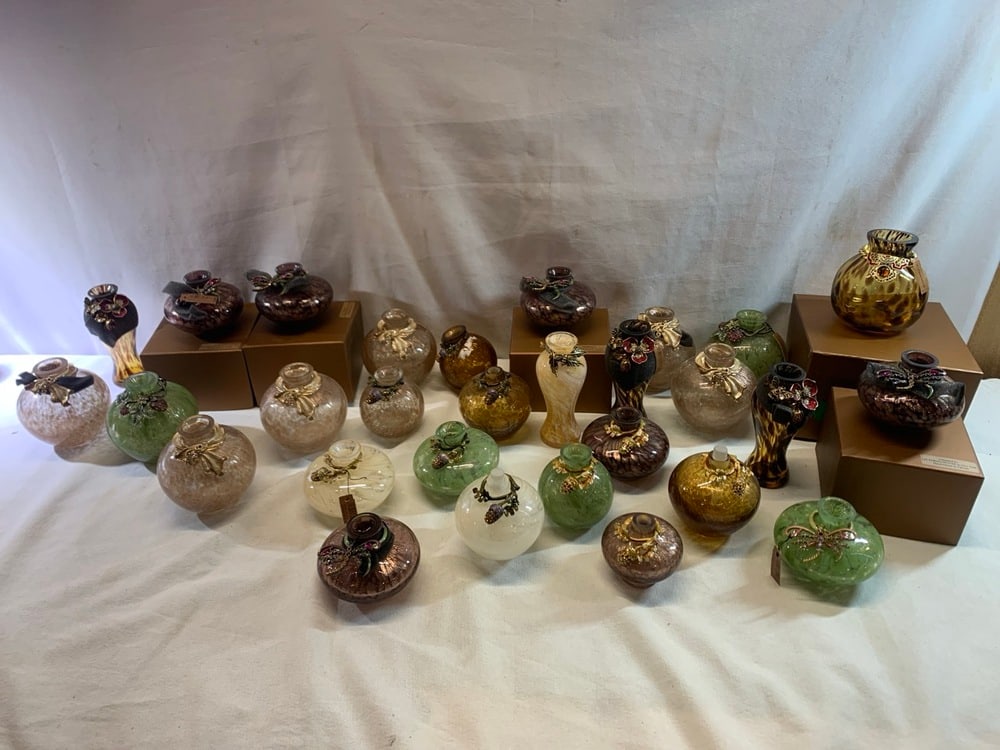 Jay Strongwater Hand Blown Glass Vases and Bottles: Jay Strongwater Hand Blown Glass Vases and Bottles Featuring Ornate Jeweled Metalwork- 29 Total, 5 in Boxes