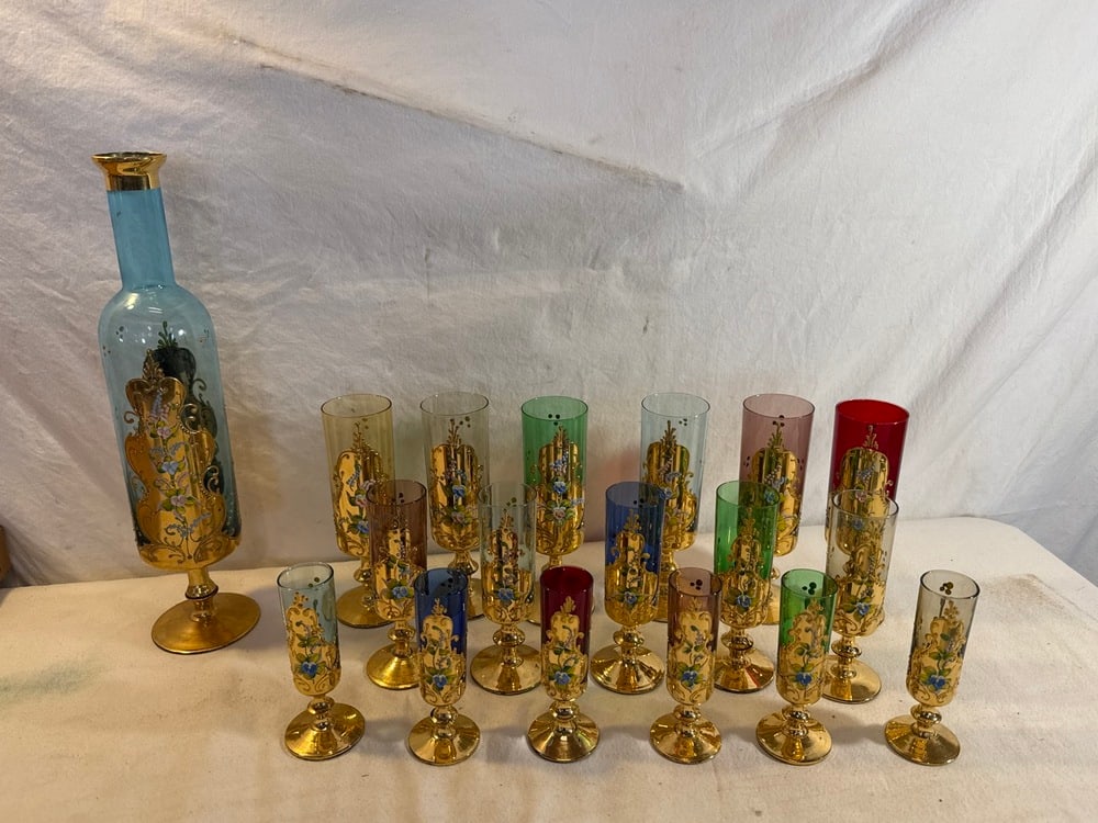 Vtg. Murano Glass Stopperless Venetian Bar Set: Vtg. Murano Glass Stopperless Venetian Liquor Bar Set