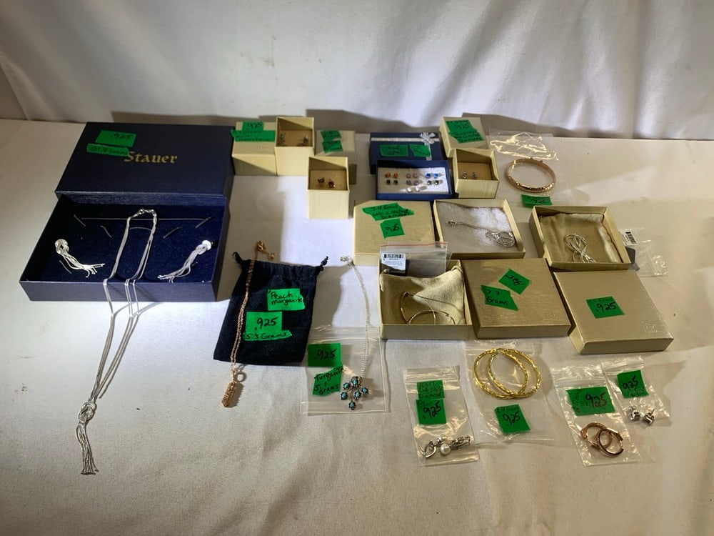 15 PCs JTV Sterling Jewelry: 15 PCs JTV Sterling Jewelry- Necklaces, Bracelets, Earrings- Weights are total grams & Will Be Included In Each Picture of Items( Overall Total Grams is 96.7 Grams Including Stone Weight) Stauer