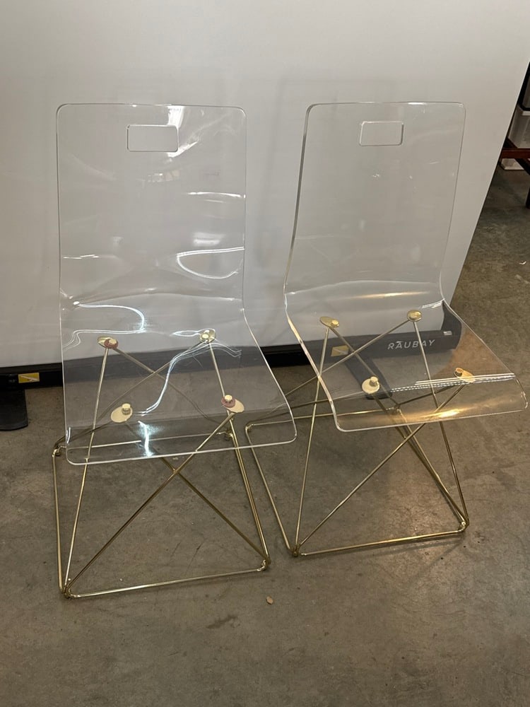Pr. Pottery Barn Teen Clear Acrylic Side Chairs: Pr. Pottery Barn Teen Clear Acrylic Side Chairs with Gold Frame aka “Gabby Johnson Dining Chair” - 18” Seat x 33 1/2” to top x 16” wide