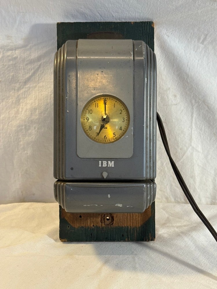 Early IBM Factory Time Punch Clock: Early IBM Factory Time Punch Clock - Works ; Mounted on Wood Block. Front Lens has Crack