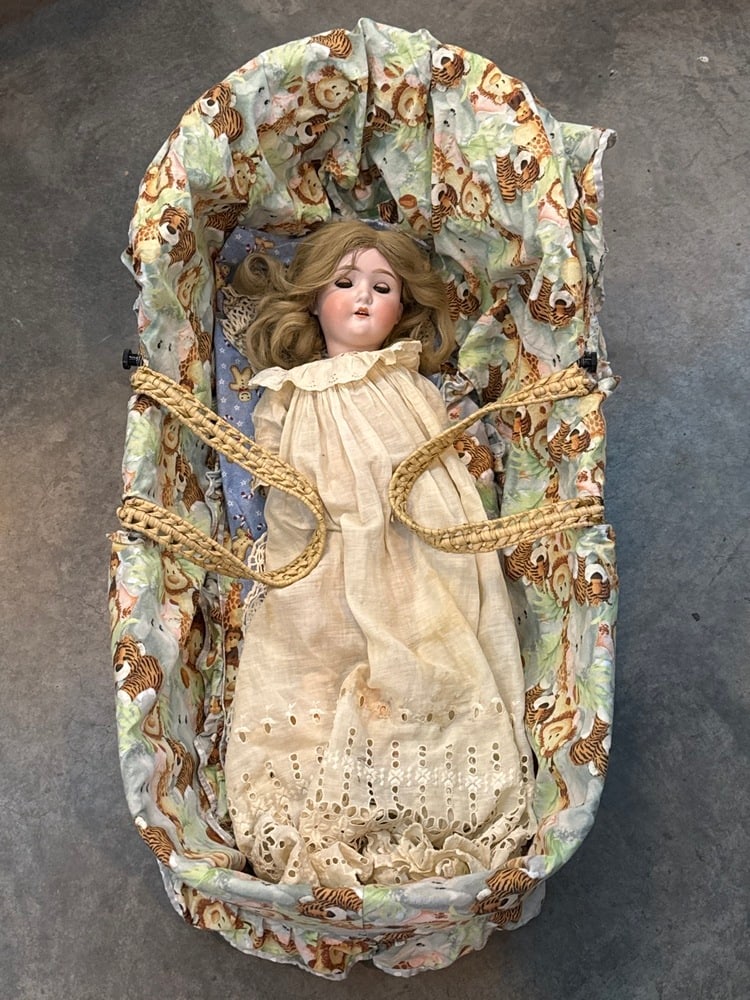 Antique German Bisque Doll: Antique German Bisque Doll - “My Girlie II” in Carry Cradle ~ Sleepy Eyes~ 24 1/2” Tall