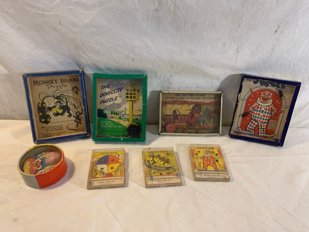Vtg Dexterity Games: Vtg Dexterity Games including Juggler Clown, The Dovecote, Monkey Island,The Covered Wagon, Feed The Birdies, 2 Sided Girl & Monkey, Color Maze