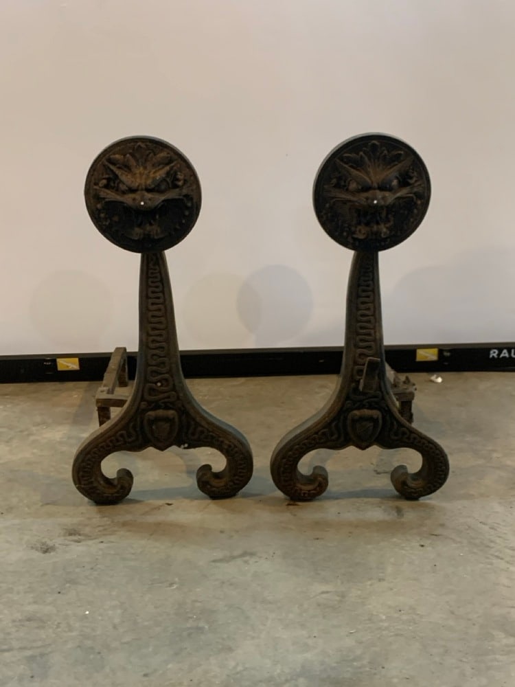 Pr. Antique Cast Iron Dragon Fireplace Andirons: Pr. Antique Cast Iron Dragon Fireplace Andirons - possible Unmarked Bradley & Hubbard