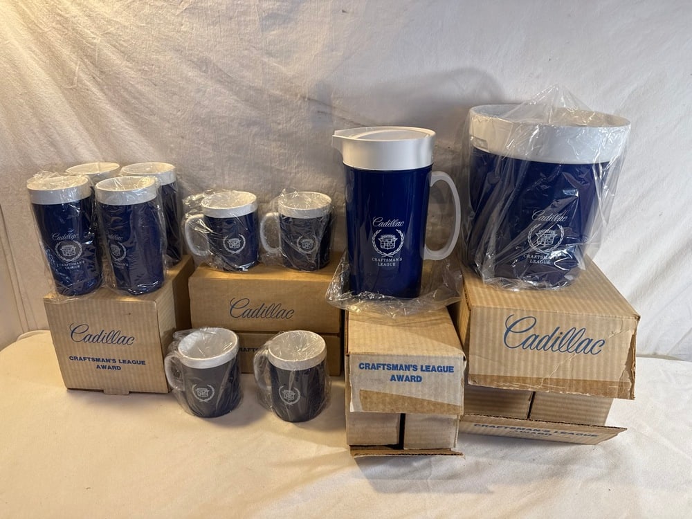 Vtg Cadillac Thermo-Serv Set: Vtg Cadillac Thermo-Serv Set Presented As Recognition for “Cadillac Craftsman’s League Award”including Pitcher, Ice Bucket, Mugs & Glasses- All New in Box