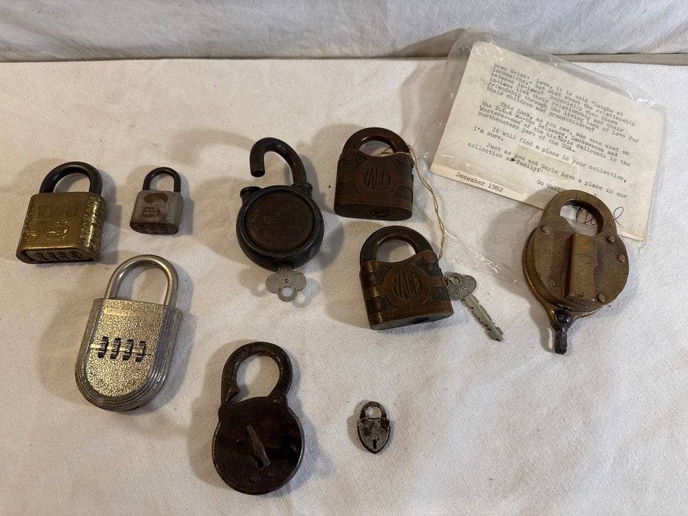 Vtg Locks Lot: Vtg Locks Lot- 2 Brass Yale Y & Tw/ Key, Brass RR D.L.& W, Corbin Six Lever Padlock w/ Key, Yale & Towne With Key, Brass Corbin Sesamee Combination, Brass Prestolock Combination, Brass Corbin