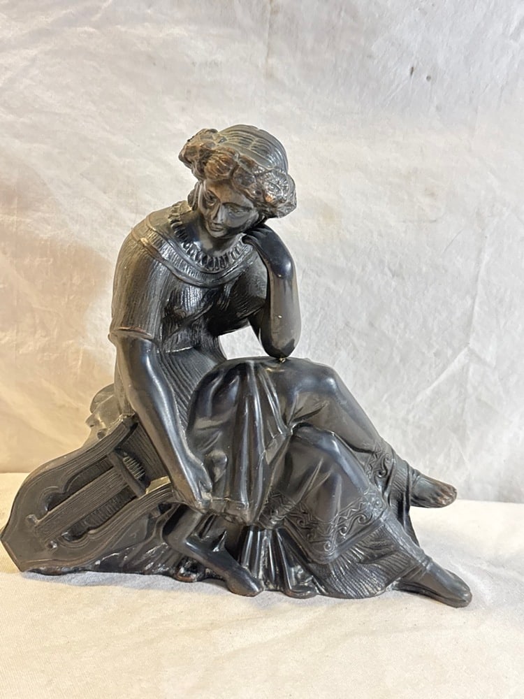 Antique Art Nouveau Cast Metal Woman: Antique Art Nouveau Cast Metal Woman with Harp Lyre Figure- 8.5” T x 9” L4 “ D(has repair as pictured)