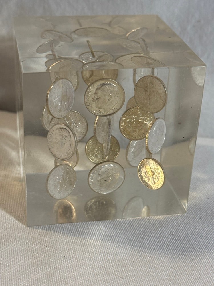 Vtg Lucite Cubic Paperweight Encasing 1960,1963 & 1964 Silver Dimes: Vtg Lucite Cubic Paperweight Encasing 1960,1963 & 1964 Silver Dimes- 3” Cube
