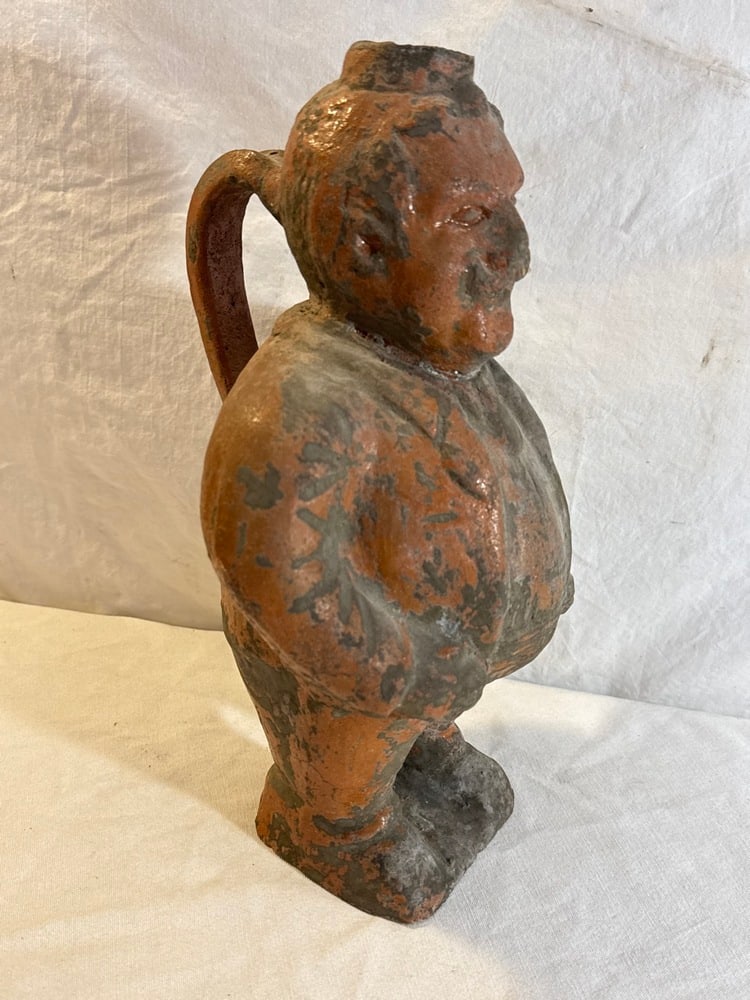 Vtg Clay Folk Art Pottery Jug: Vtg Clay Red Ware Folk Art Pottery Jug With Handle- 13.5” T x 9” W