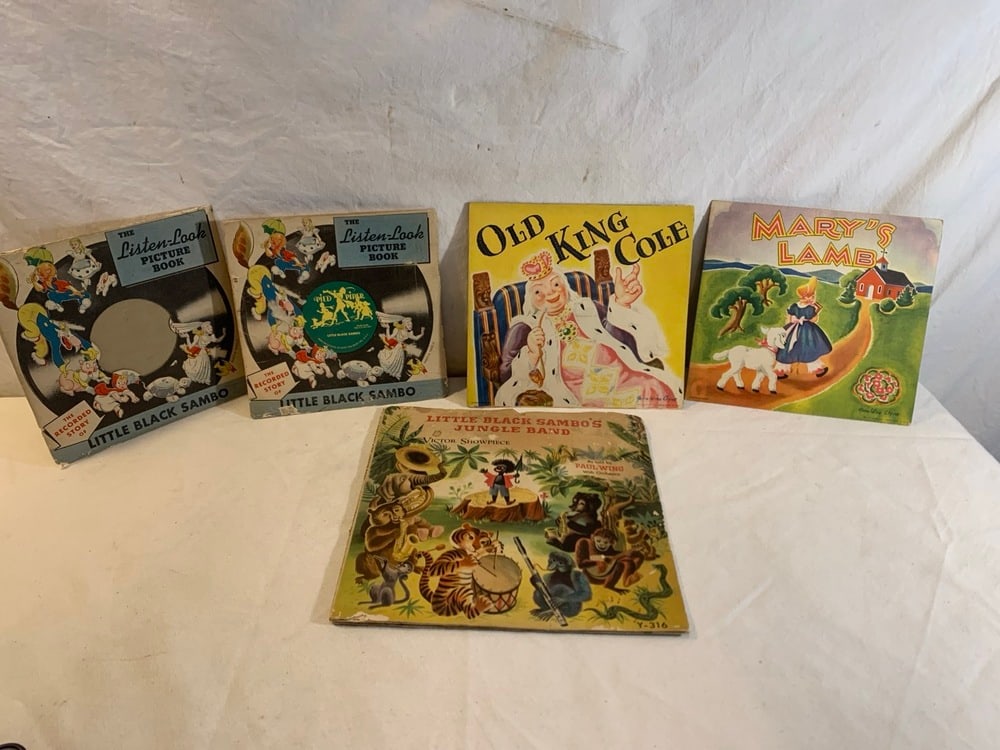 Vtg Children’s Books: Vtg Children’s Books including Little Black Sambo Listen-Look Book( no Record), Mary’s Lamb Pop Up Book, Old King Cole Pop Up Book, Little Black Sambo’s Jungle Band Cover Only