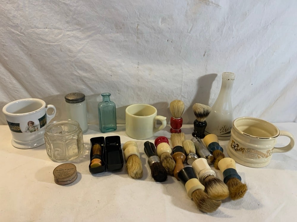 Antique Barber Bottles, Shaving Mugs, & Brushes: Antique Barber Bottles, Shaving Mugs, & Brushes including Witch Hazel Bottle, Barbasol Jar, Hair Dye Bottle, Shaving Mugs, Horse Hair Brushes, Talc Shaker