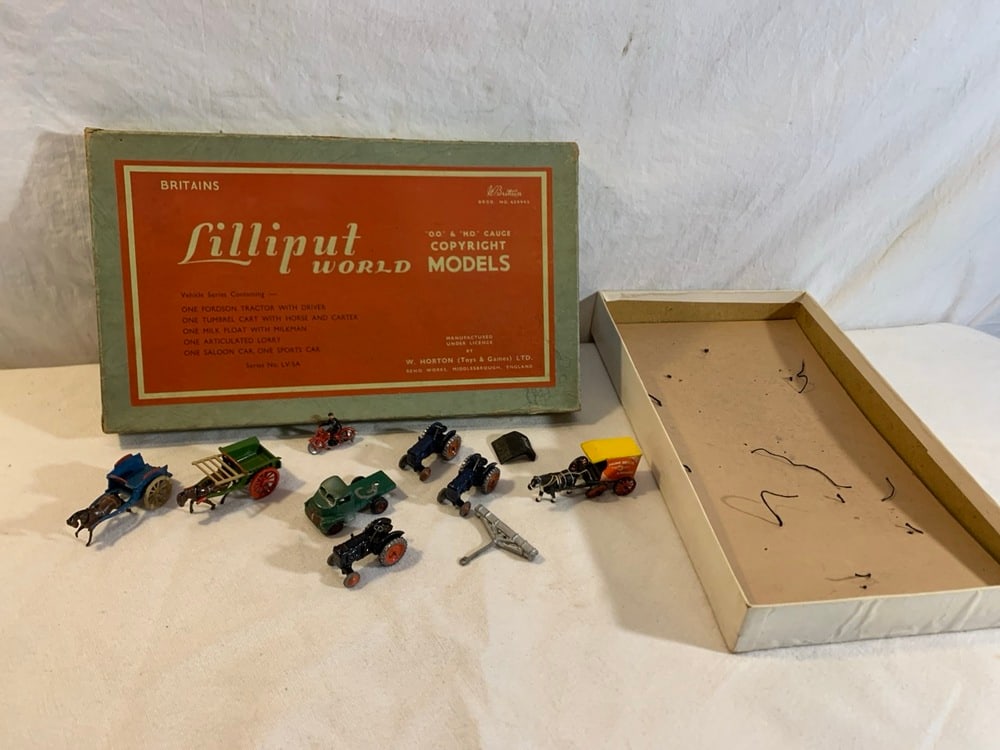 Lilliput Britains Cast Iron Miniatures: Lilliput Britains Cast Iron Miniatures including Tractors Horse & Buggies, Truck, Motorcycle with Original Box