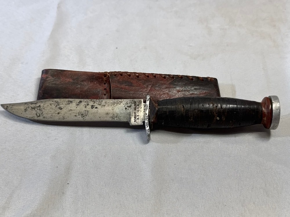 Vtg Shrade Walden N.Y. H-15 Knife: Vtg Shrade Walden N.Y. H-15 Knife, Stacked Leather Handle & Leather Handmade Sheath