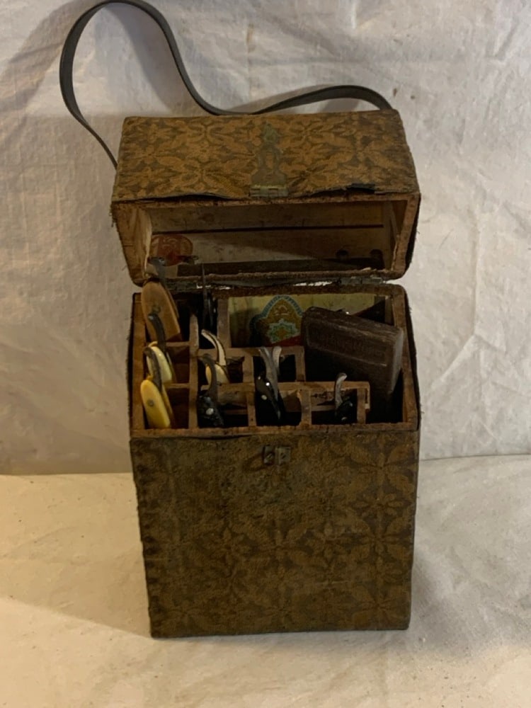 Antique Gilt-tooled Leather Covered Cigar Box Full Straight Razors: Antique Gilt-tooled Leather Covered Cigar Box Full Straight Razors and Sharpening Stone