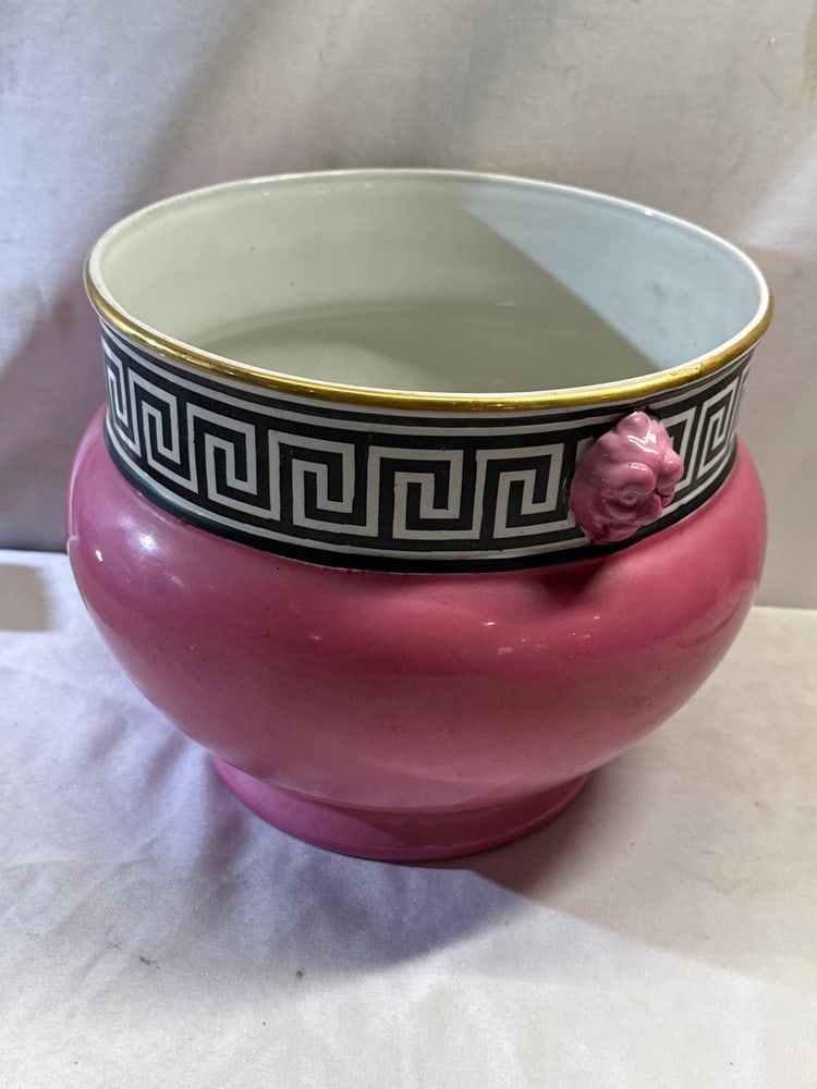 Vtg Westhead Moore Pink Jardiniere with Greek Key Motif: Vtg Westhead Moore Pink Jardiniere with Greek Key Motif & Face Handles- 9” Openingx 8” T, Approx. 10” Round