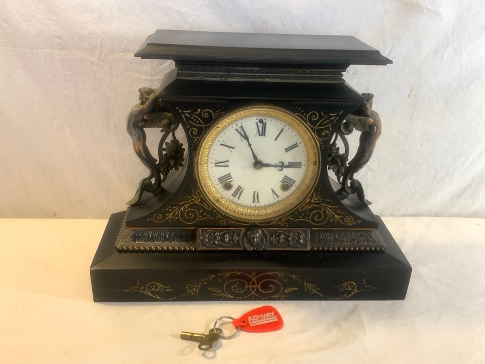 Antique Ansonia Mantle Clock: Antique Ansonia Mantle Clock Made By Ansonia Clock Co. ~ Cast Metal with Gold Gilded Figures~ Works and has Key ~ 15 1/4” x 5 1/4” x 12” Tall