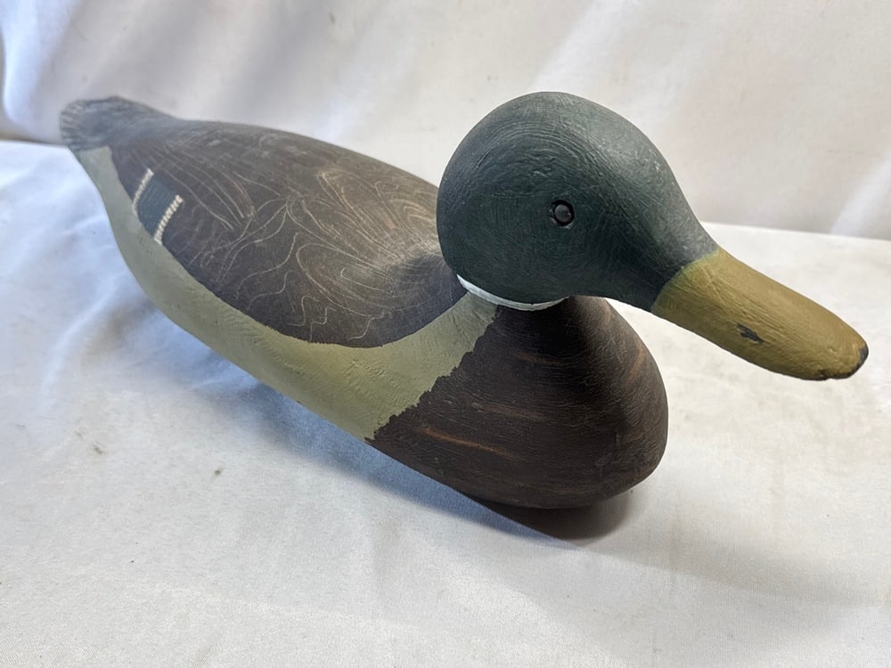 1973 Hand Painted Mallard Duck Decoy: 1973 Hand Painted Mallard Duck Decoy, Signed Liz-Rick 9-9-1973- 17” L x 6” W