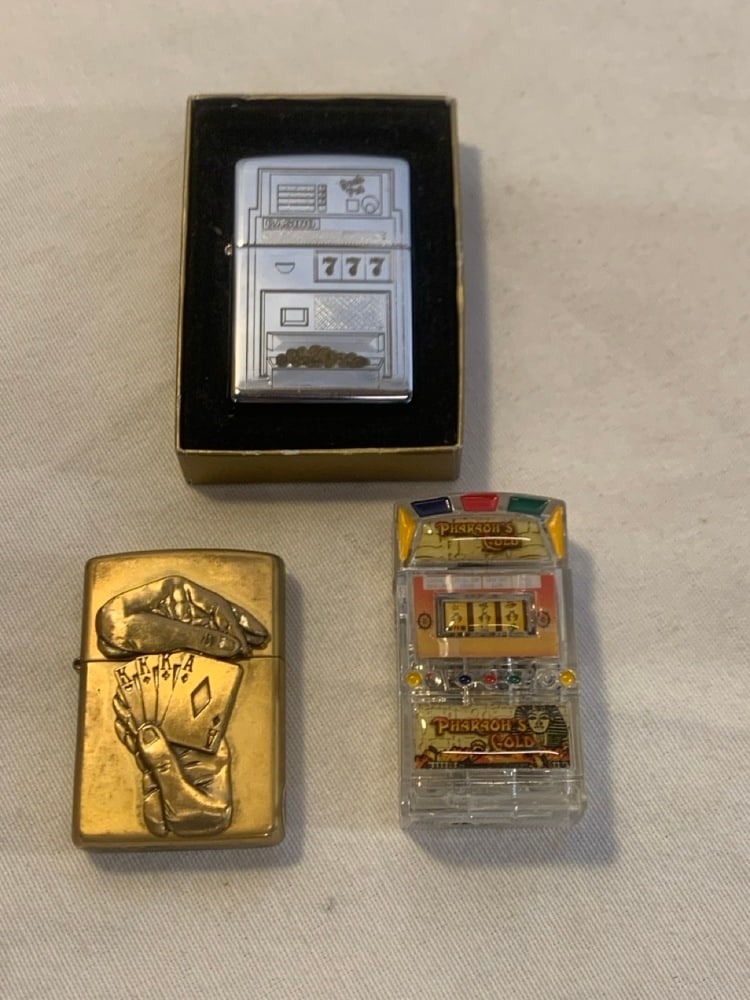 3 Vtg. lighters: 3 Vtg. lighters - Full House Brass zippo, Slot Machine Zippo, and Pharaohs Gold Slot Machine Lighter