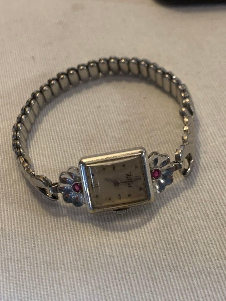 Kelbert Solid 14k Gold Watch: Kelbert Solid 14k Gold Watch with Ruby Stones ~ 17 Jewels ~ Band is Topps Stainless Steel - 15.6 Total Grams