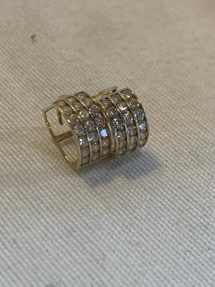 Vtg. 14Kt Gold Huggie Hoop Earrings: Vtg. 14Kt Gold Huggie Hoop Earrings with 3 Rowd CZ Stones - 1.9 Total Grams