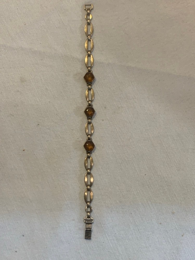 Sterling and 14K Link Bracelet With Amber Stones: Sterling and 14K Link Bracelet With Amber Stones - 7” Length ;