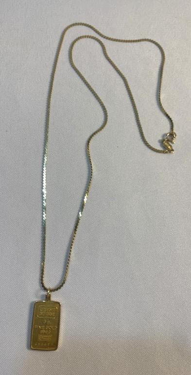 Credit Suisse .999 Gold Bar Pendant W/ 14kt Chain: Pendant- 5.5 Grams .999 Gold, 24" 14kt Gold Italy S-link Chain- 7.3 Grams