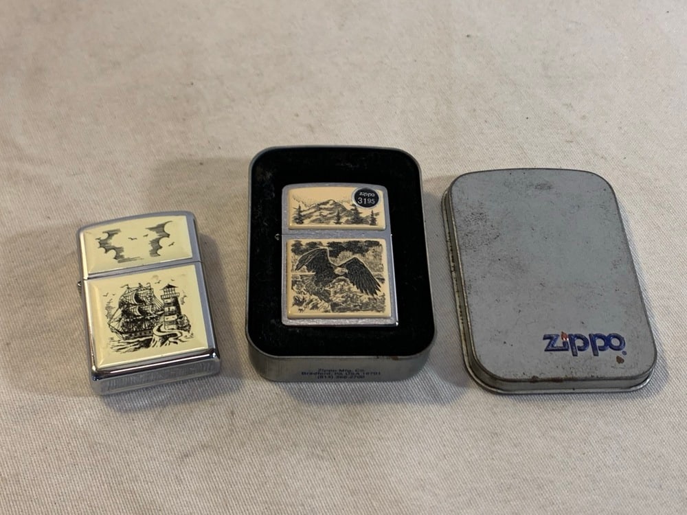 2 Solid Brass Zippo Lighters: 2 Solid Brass Zippo Lighters - 2004 Scrimshaw Eagle Mountains and 359 Reg Scrimshaw Ship