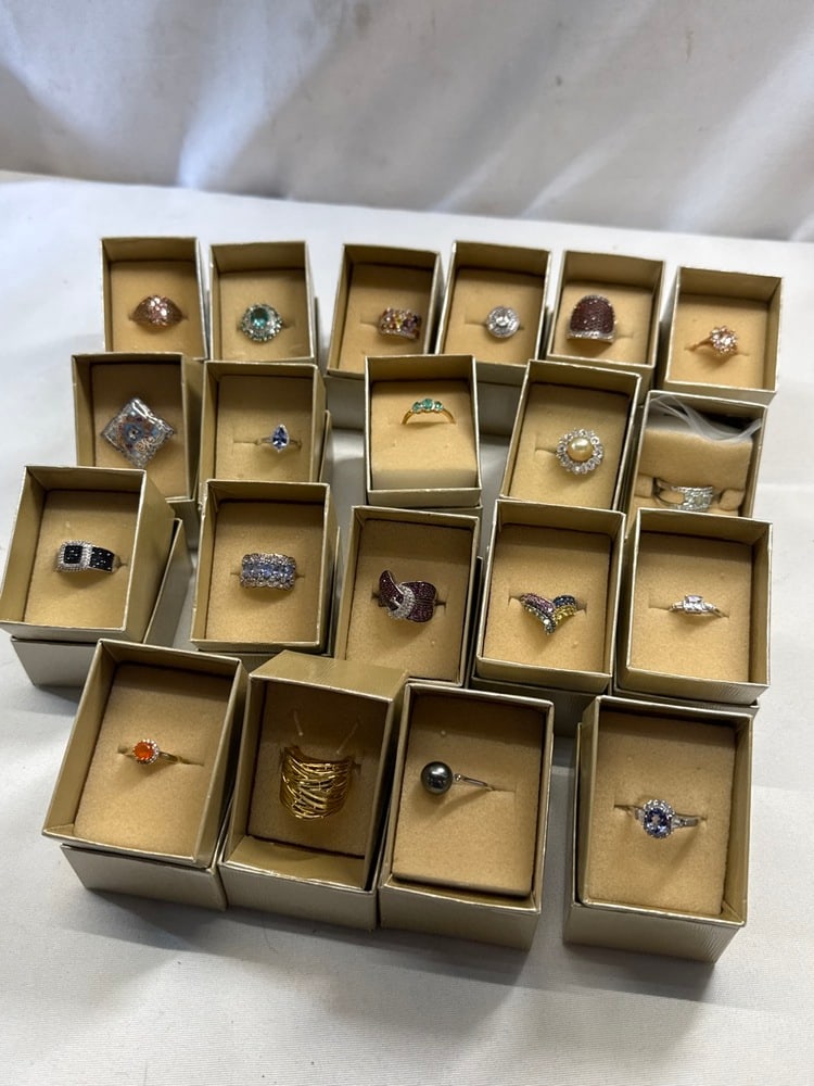 JTV Sterling Silver Ring Lot: 20- JTV Sterling Silver Ring Lot Including Lab Created Diamonds & Gem Stones-11 Grams Total Weight