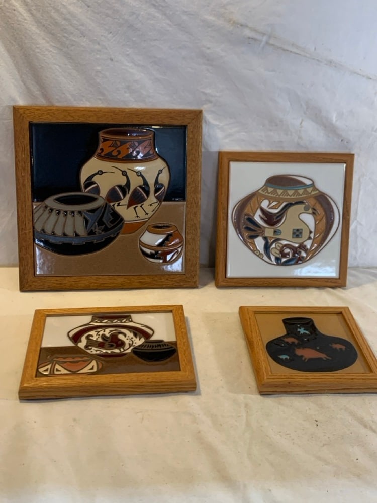 Vtg. Ceramic Pictorial Trivets: Vtg. Ceramic Pictorial Trivets; including 1987 Arius Sante Fe Ceramic Tile “Trio Pots”