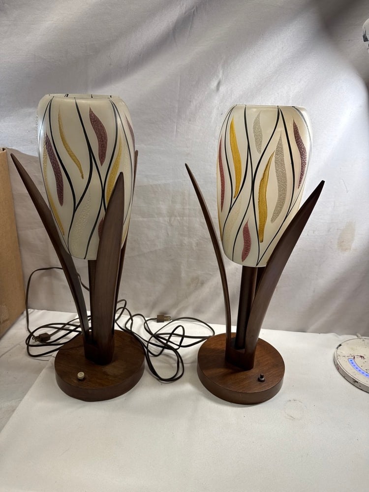 MCM Walnut Table Lamps W/ Glass Shades: MCM Walnut Table Lamps W/ Glass Shades- 21” T- 1 Shade Has Been Repaired