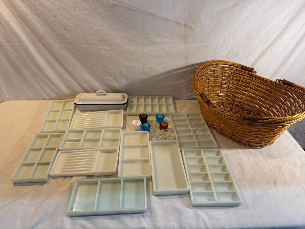 Vtg Dental Trays & Dappens: Vtg Milk Glass American Cabinet Co. Dental Trays & Assorted Colors Glass Dappens