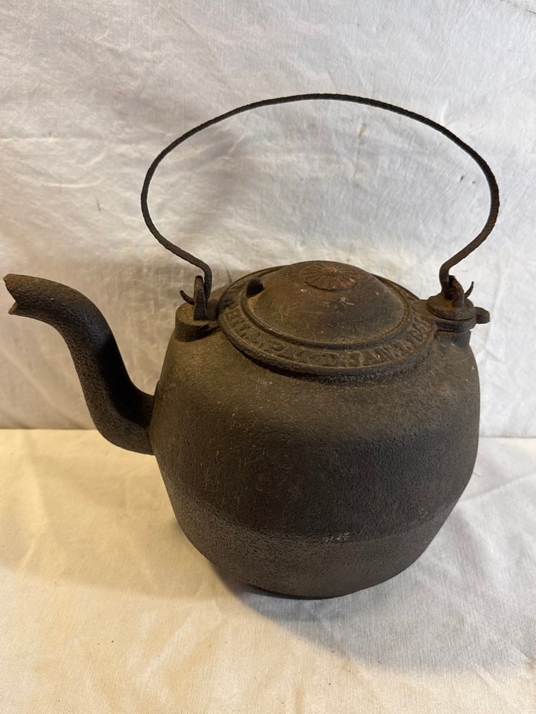 Antique Cast Iron Kettle: Antique 1861 Cast Iron Kettle North, Chase & North- 8.5” T x 12” W- Couple of Holes