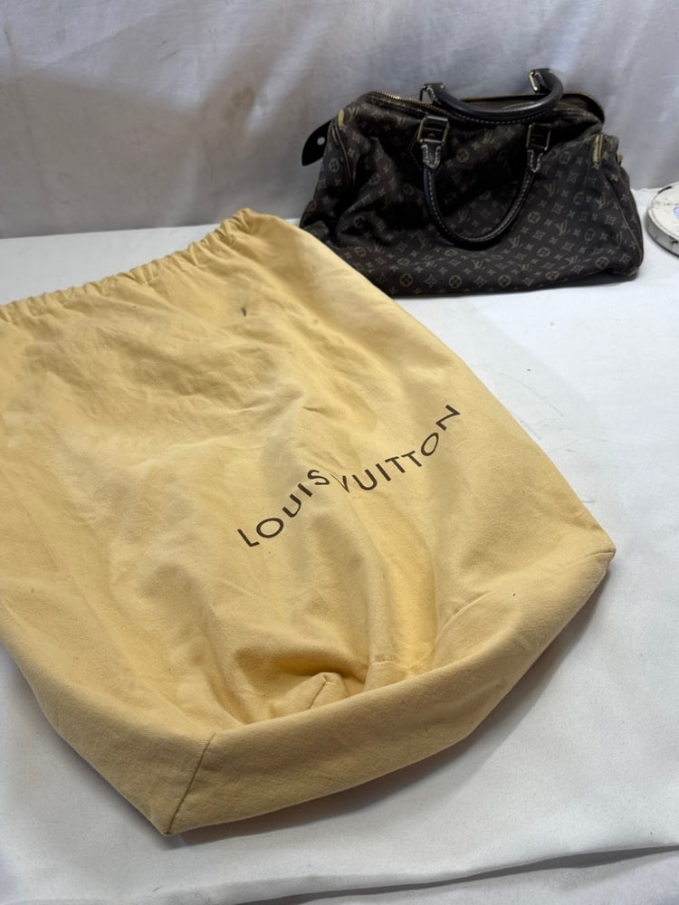 Louis Vuitton Monogram Mini Lin Speedy 30 Bag: Louis Vuitton Monogram Mini Lin Speedy 30 Bag in Brown Canvas with Dust Bag has some wear ~ see Photos