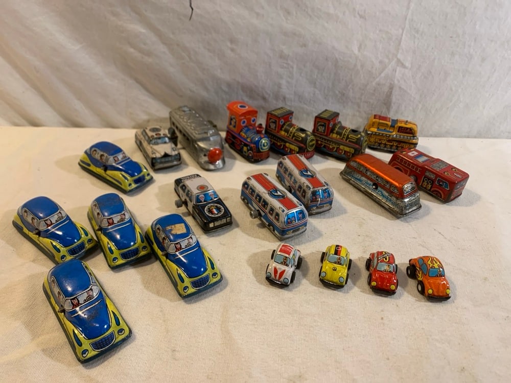 Vtg Japan Tin Mechanical Cars: Vtg Japan Tin Mechanical Cars- Trains, Buses, Police, VW, ++