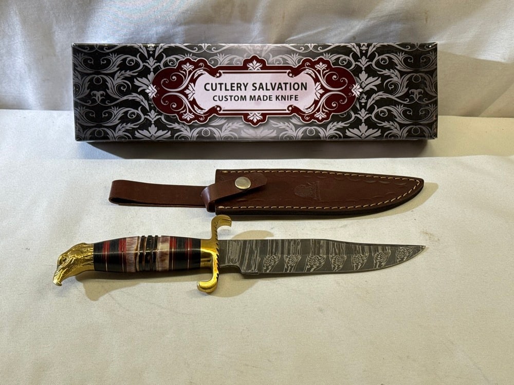 Custom Ashen Edge Knife: Custom Ashen Edge Knife with Leather Sheath- Eagle Head Accent 13” Long