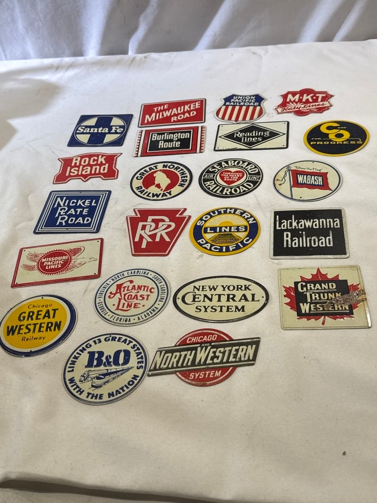 22 Vtg. Mini Tin Railroad Advertising Signs: 22 Vtg. Mini Tin Railroad Advertising Signs - Appro. 3” - 3 1/5”