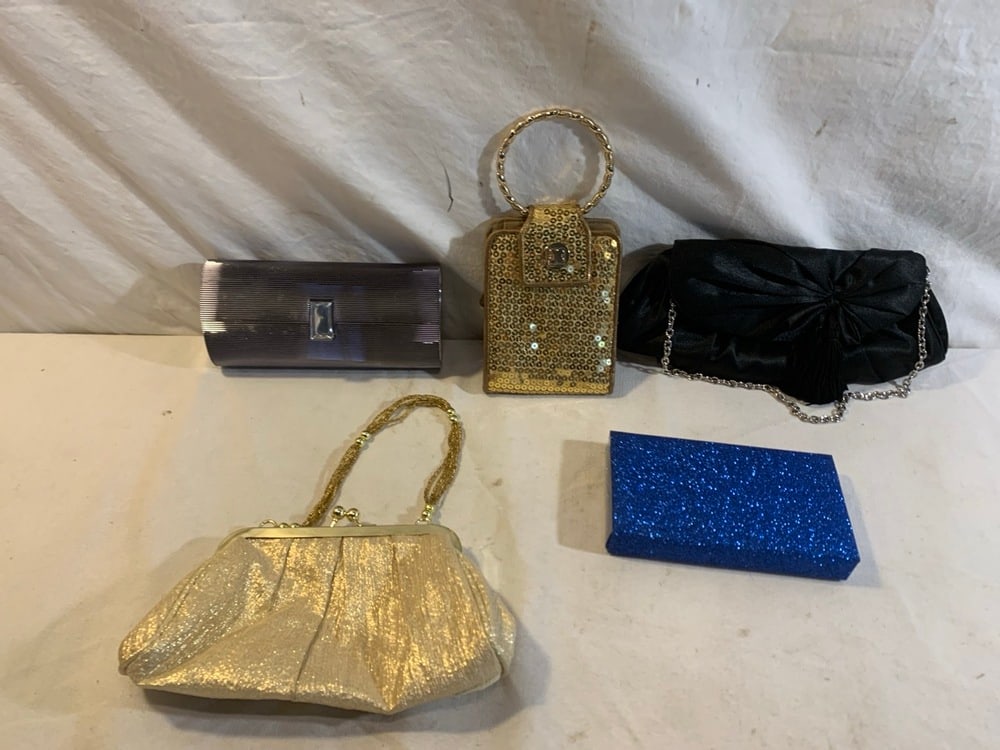 Vtg Purses: Vtg Purses including Liz Claiborne, La Regale, Tubular Hard Case Clutch, Black Evening Clutch, & Blue Glitter Makeup kit