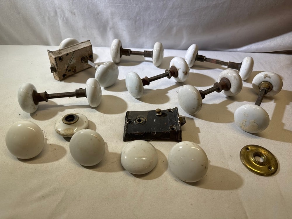 Vintage Porcelain Door Knobs and Locks: Vintage Porcelain Door Knobs with New Haven Locks/7 Sets/2 Locks/4 Singles/2 Backplates-1 is brass-1 is porcelain