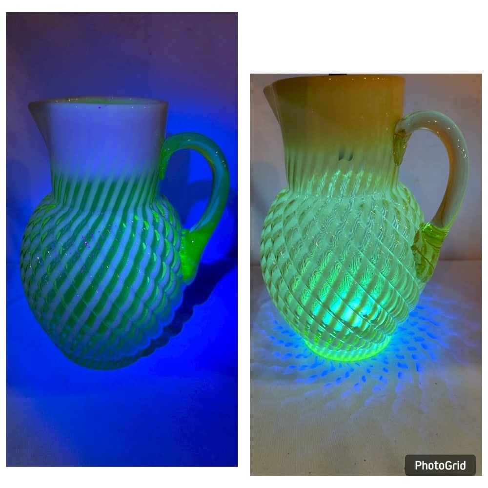 Antique Buckeye Glass Co Swirl Pitcher/Vaseline Glass: Beautiful Antique Buckeye Glass Co Vaseline Glass Pitchers/Opalescent Swirl Pattern/9 1/4” Tall/Contains Uranium