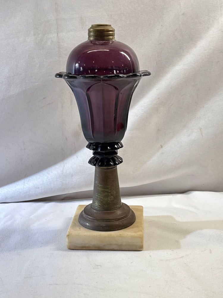 Antique Amethyst Whale Oil Lamp: Antique Amethyst Whale Oil Lamp ~ 12” Tall - see photos for condition