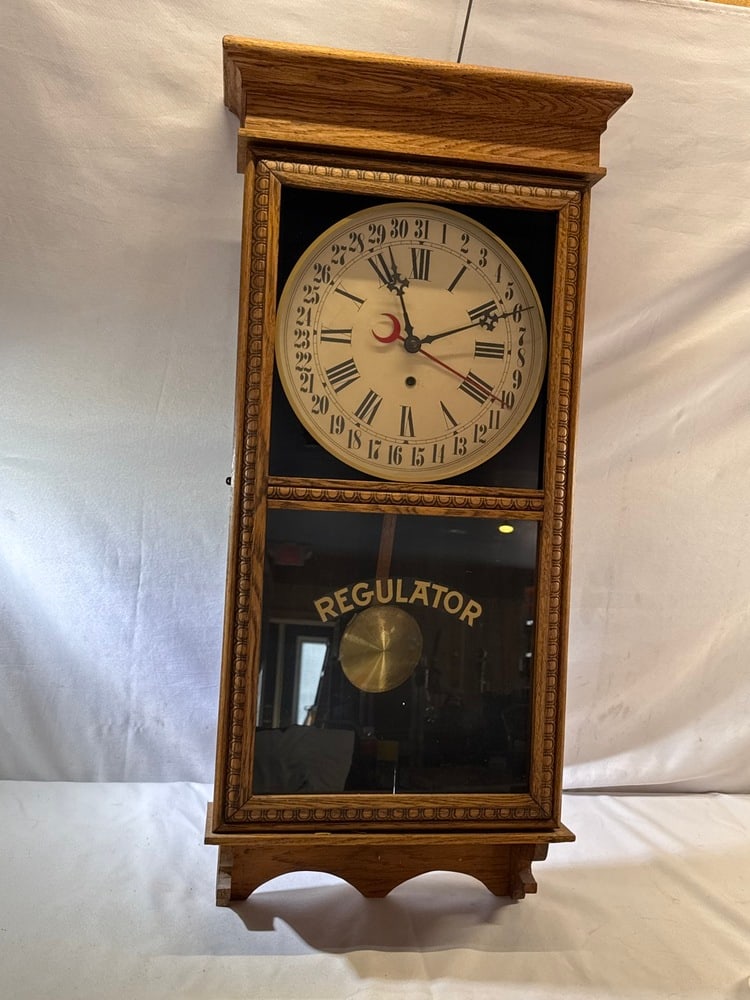 Vtg. E. Ingram Regulator Wall Clock: Vtg. E. Ingram Regulator Wall Clock - Has Key ~ 36” Tall x 17” Wide
