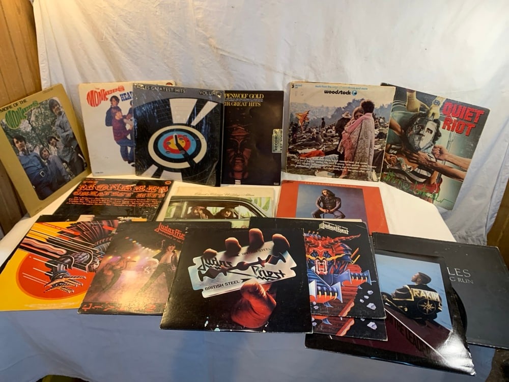 Vtg Record Albums: Vtg Record Albums including Judas Prirst, Woodstock, Eagles, Monkees, George Carlin, Stepenwolf, Quiet Riot & Chech & Chong