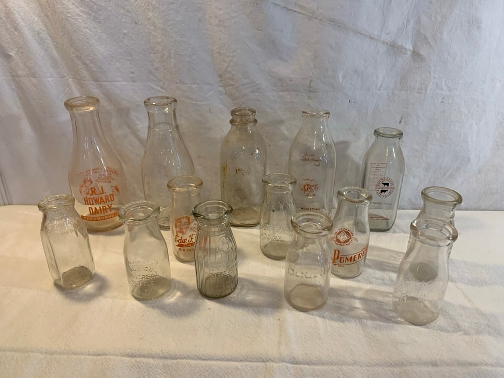 Milk Bottle Collection: Milk Bottle Collection including Middletown Milk & Cream, Beverly, Pomeroy, Edw. F Hoff, R.J. Howard, Bowman & More