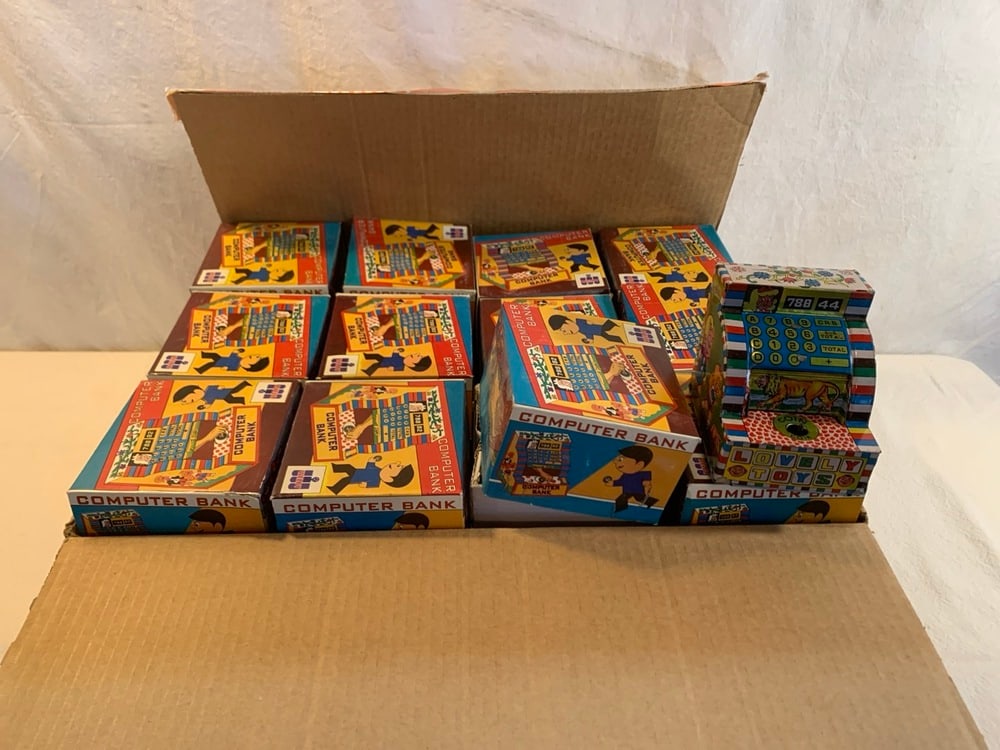 24) Welby Wind up Computer Tin Banks: 24) Welby Wind up Computer Tin Banks, New Old Stock