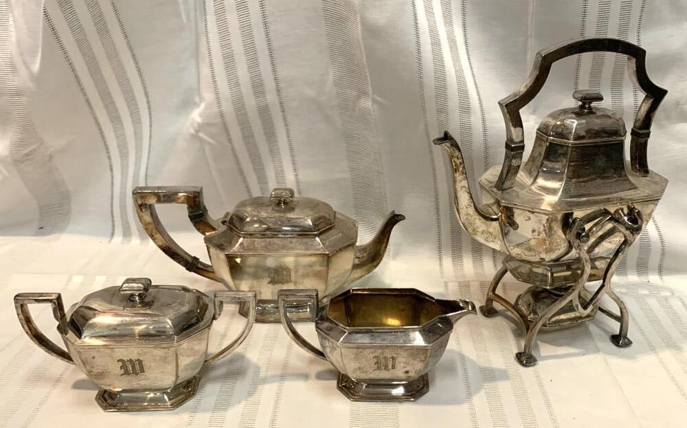 Barbour Silver Co. Sterling Silver Borders Tea Set: Barbour Silver Co. Sterling Silver Borders Tea Set- Tea Pot, Sugar, Creamer And Pot On Tilting Stand W/ Burner # 7300