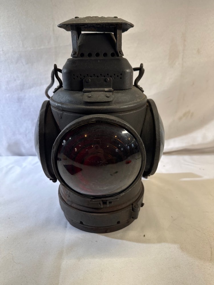 Vintage Adlake Non-Sweating Lamp Chicago: Vintage Adam & Westlake Company Railroad Lantern/Kerosene/Mainly Mounted on Top Of Manual Railroad Switches To Indicate Track Direction/Heavy Metal//9” Wide/13 3/4” Tall/Yellow/Red/Blue