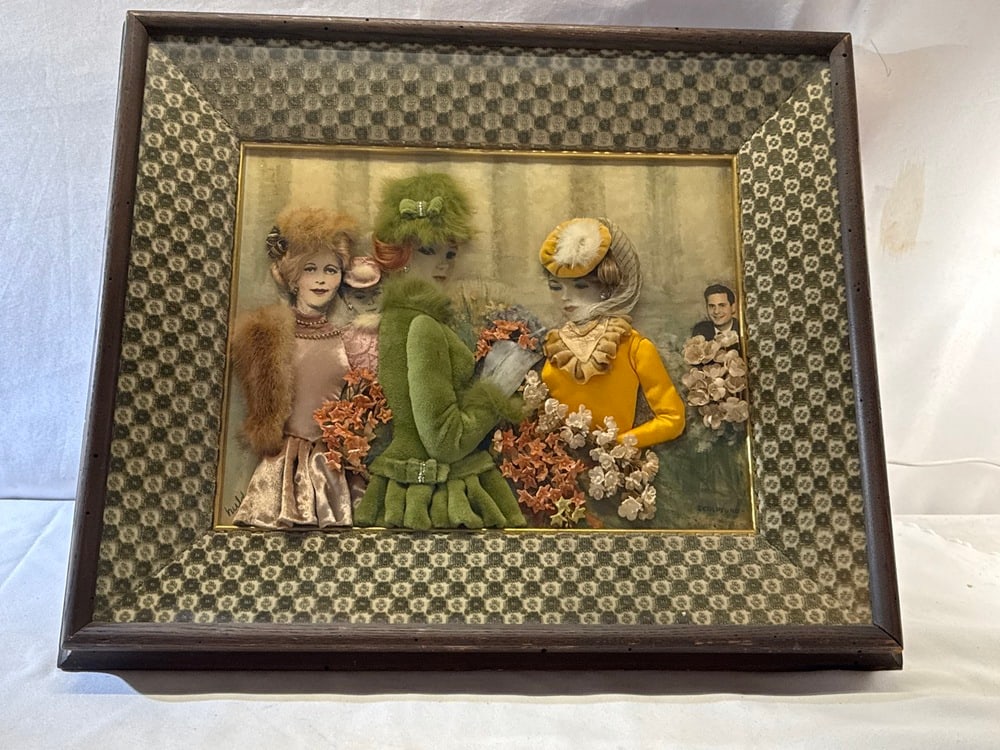 Vintage Shadow Box Style Sculpture Art Painting Signed Hilda’s: Vintage Multi Media Shadow Box Textile Sculpture/Silks/Velvet/Fur/3 Dimensional/Signed Huldah/21” x 18” x 2”