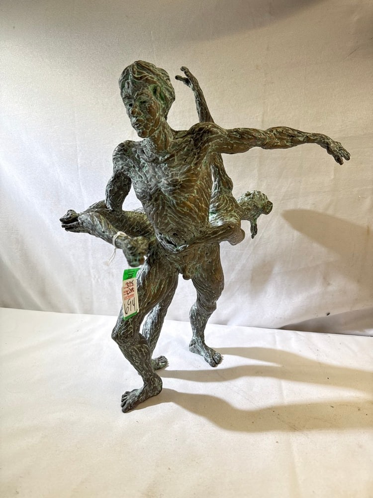 Vintage Bronze of Nude Figures Dancing: Vintage Bronze Sculpture of Nude Dancers/16.5” H x 13.5” x 11.5”/Textured with Patina